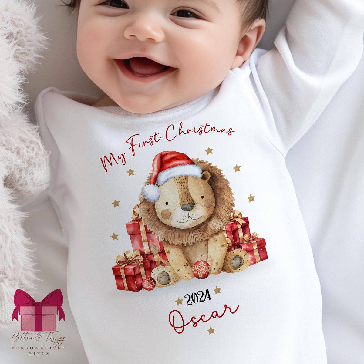 Christmas Lion Baby's First Christmas Sleepsuit, Vest & Bib