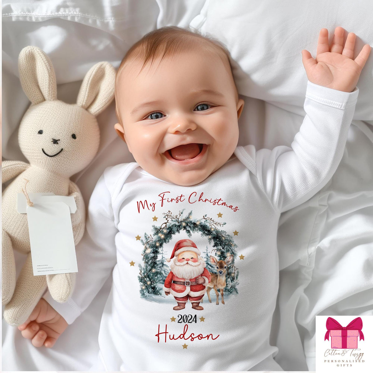 Santa Wreath Baby's First Christmas Sleepsuit, Vest & Bib