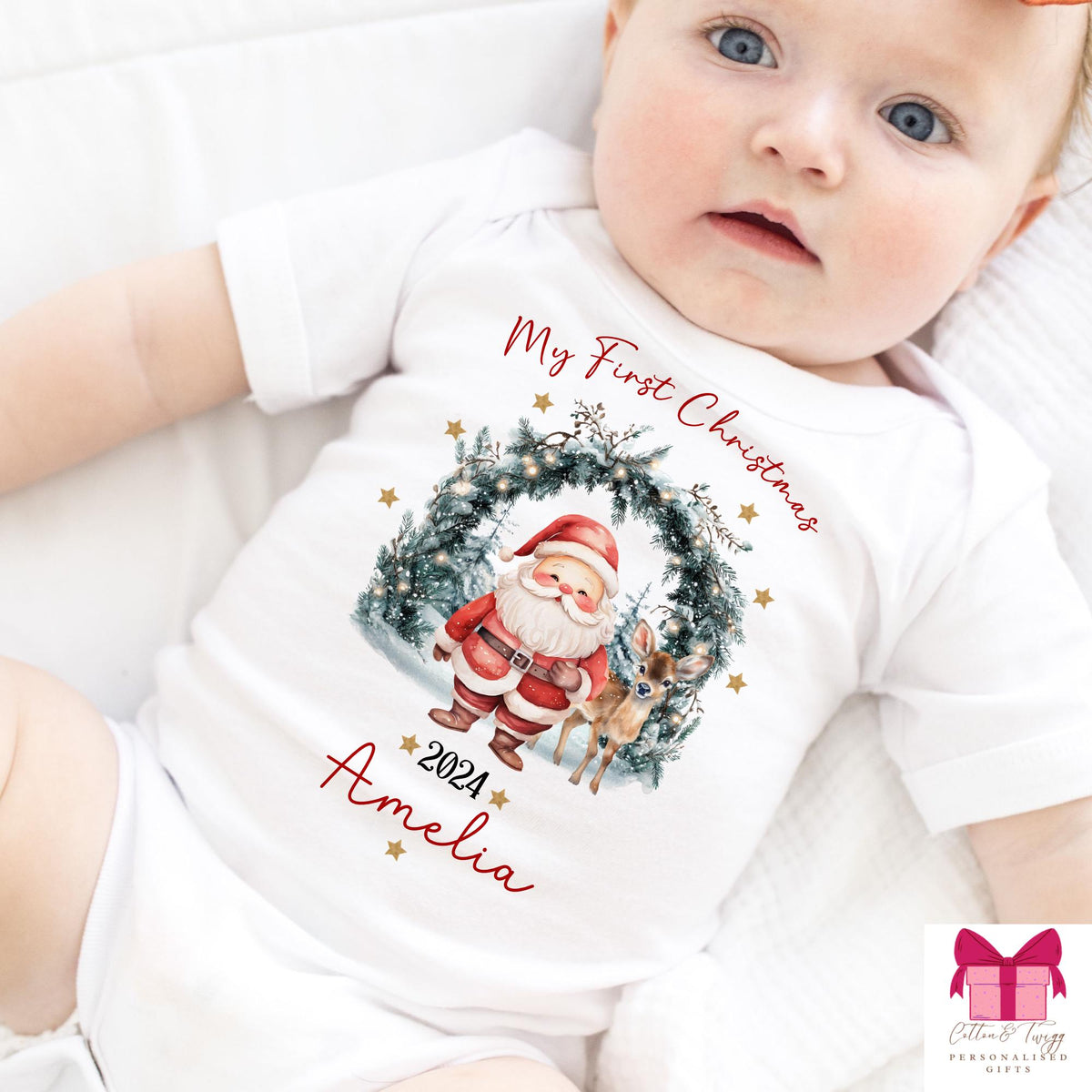 Santa Wreath Baby's First Christmas Sleepsuit, Vest & Bib