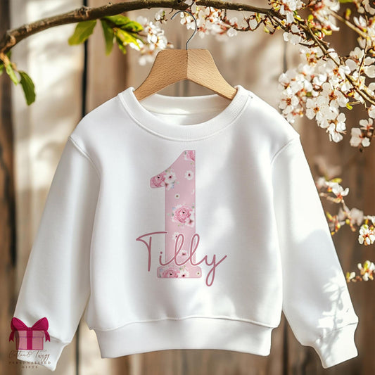 Pink floral number personalised birthday sweatshirt
