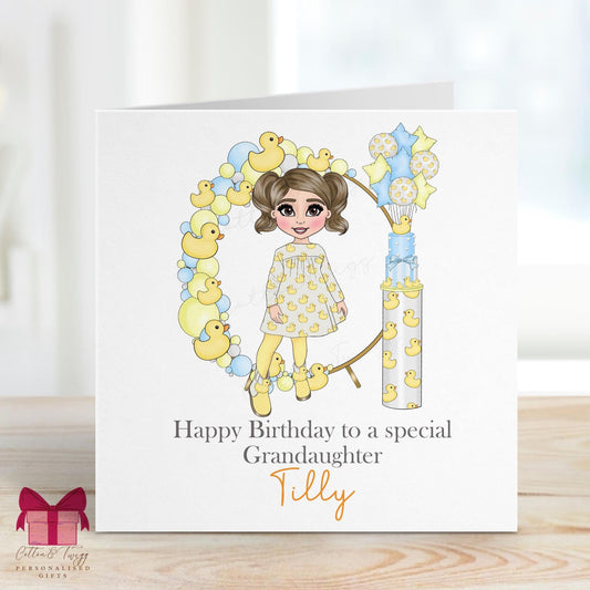 Yellow Rubber Duck Birthday Card for Girls – Choose Hair & Eye Colour – Cotton and Twigg