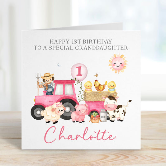 Pink Tractor Farm Animals 1st Birthday Card for Girls – Cotton and Twigg