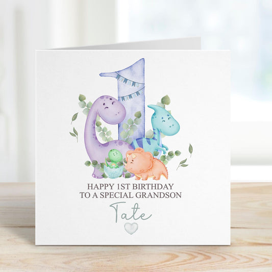 Pastel Dinosaur 1st Birthday Card for Boys or Girls – Cotton and Twigg