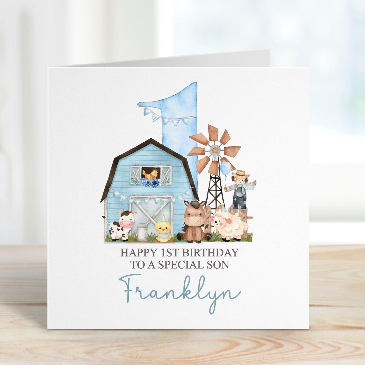 Blue Barn Farm Animals 1st Birthday Card – Cotton and Twigg