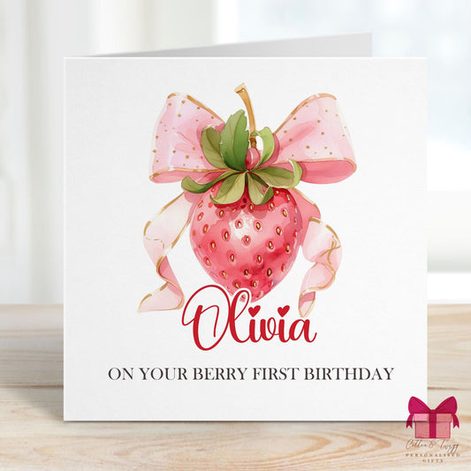 Strawberry & Pink Bow Berry First Birthday Card – Cotton and Twigg