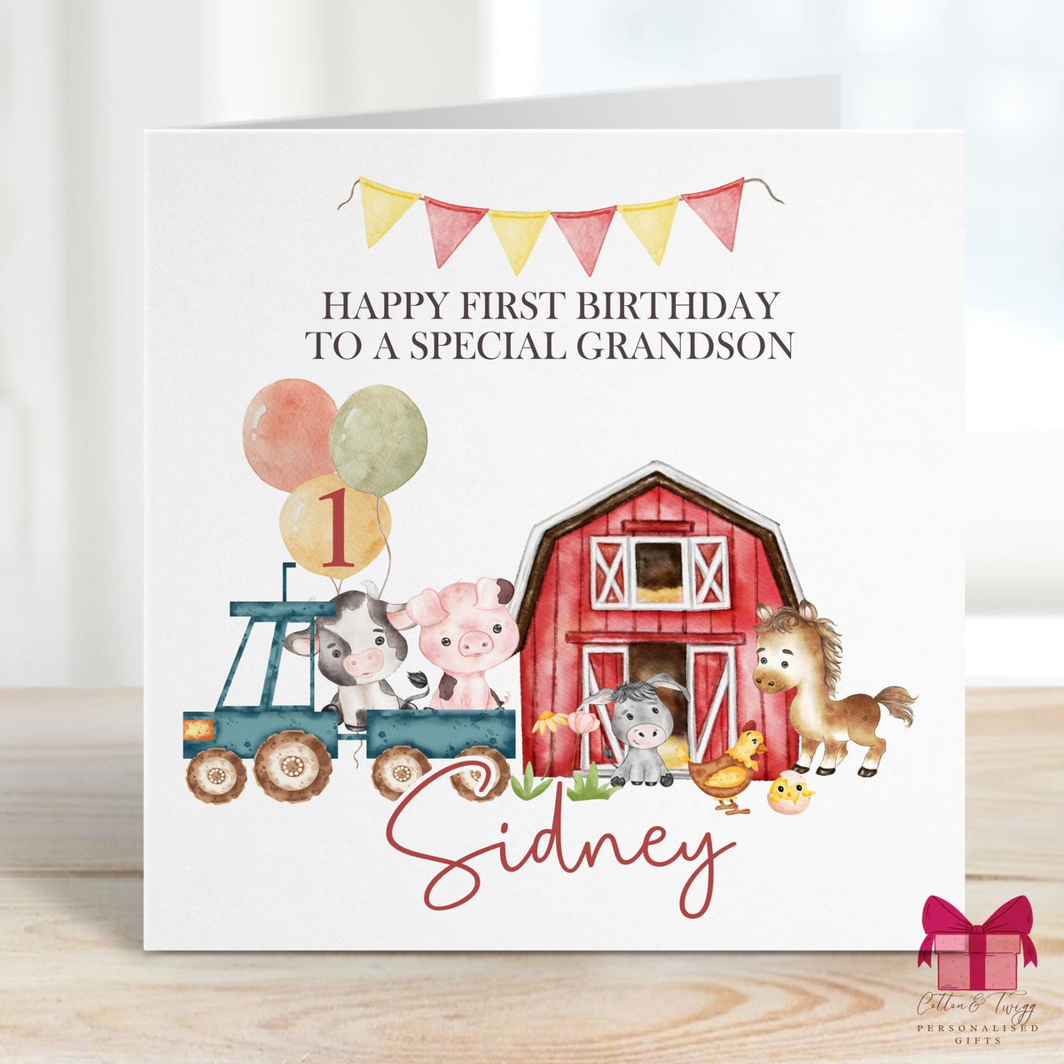 Red Barn & Tractor Farm Animals 1st Birthday Card for Boys – Cotton and Twigg
