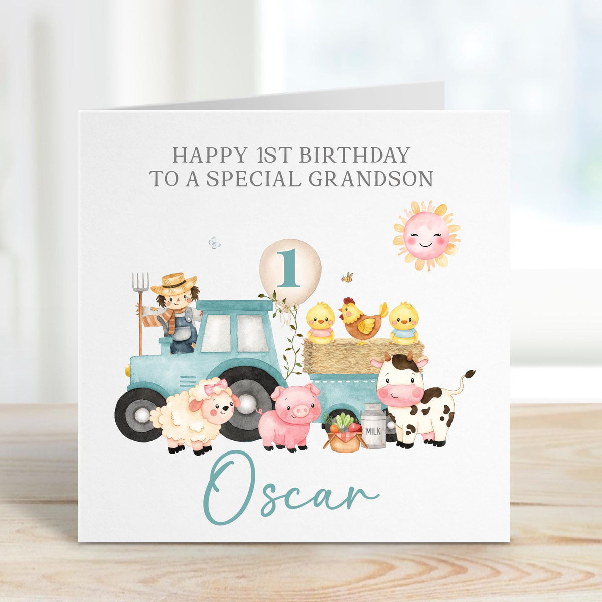 Blue Tractor Farm Animals 1st Birthday Card for Boys – Cotton and Twigg