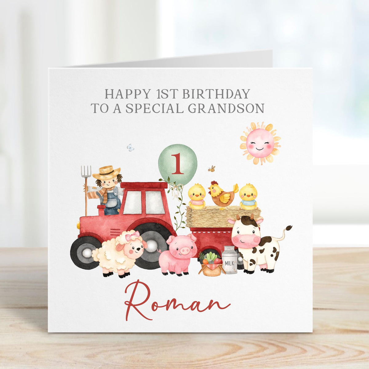 Red Tractor Farm Animals 1st Birthday Card for Boys – photo 2