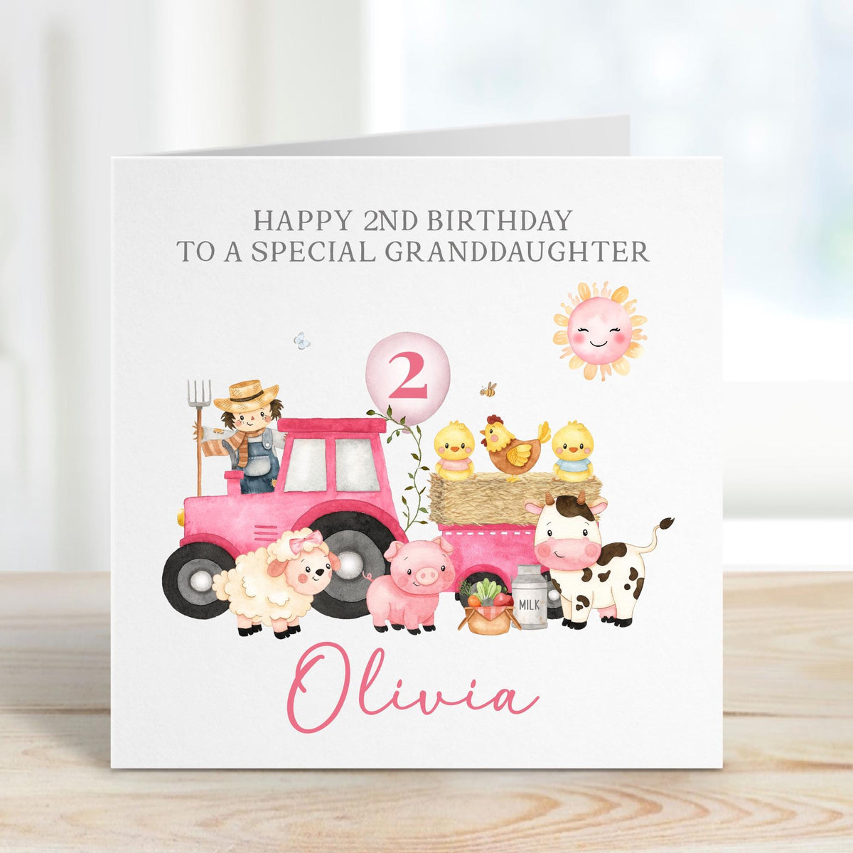 Pink Tractor Farm Animals 2nd Birthday Card for Girls – photo 2