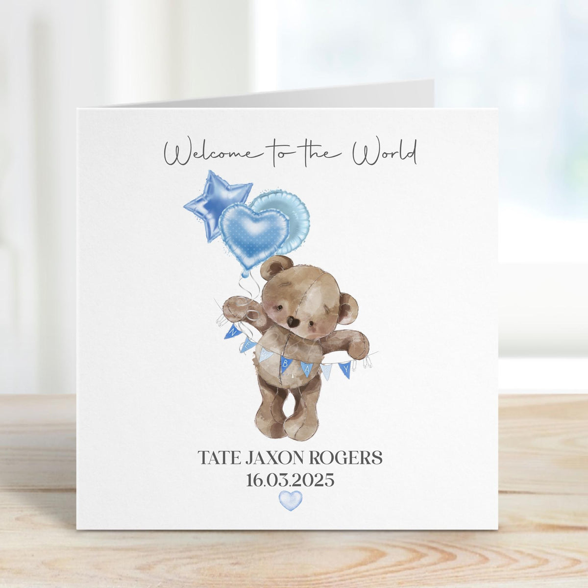 Teddy & Balloon New Baby Card – Welcome to the World – Cotton and Twigg