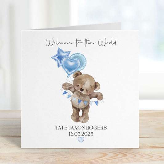 Teddy & Balloon New Baby Card – Welcome to the World – Cotton and Twigg