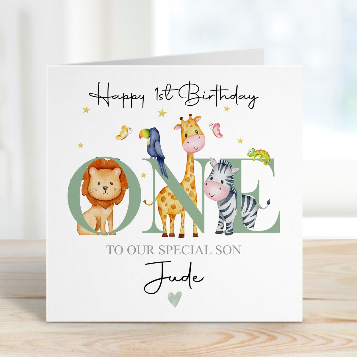 Safari Animals ONE 1st Birthday Card – Cotton and Twigg