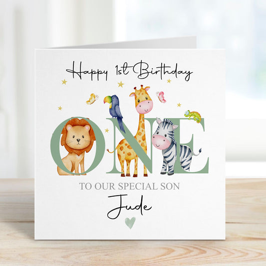 Safari Animals ONE 1st Birthday Card – Cotton and Twigg
