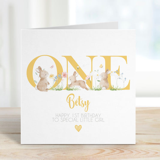 Bunny ONE 1st Birthday Card – Yellow, Blue or Pink – Cotton and Twigg