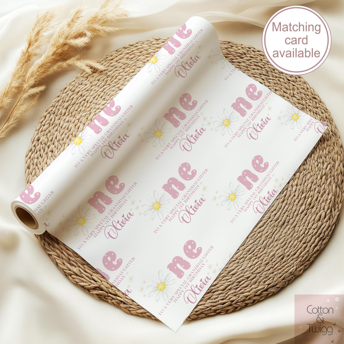 Girls pink daisy 1st birthday wrapping paper