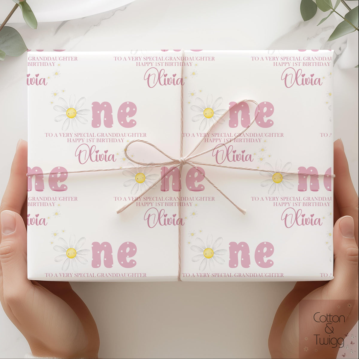 Girls pink daisy 1st birthday wrapping paper