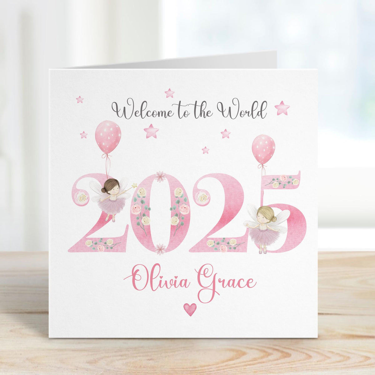 Pink Fairy New Baby Girl Card – Welcome to the World – Cotton and Twigg