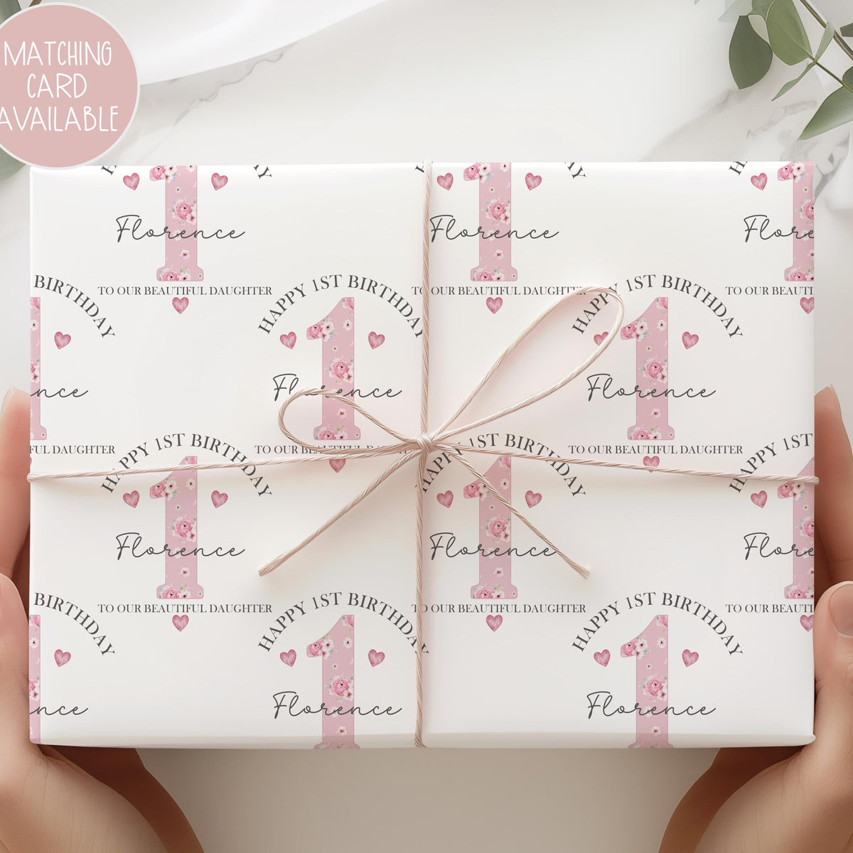 Girls pink floral 1st birthday wrapping paper