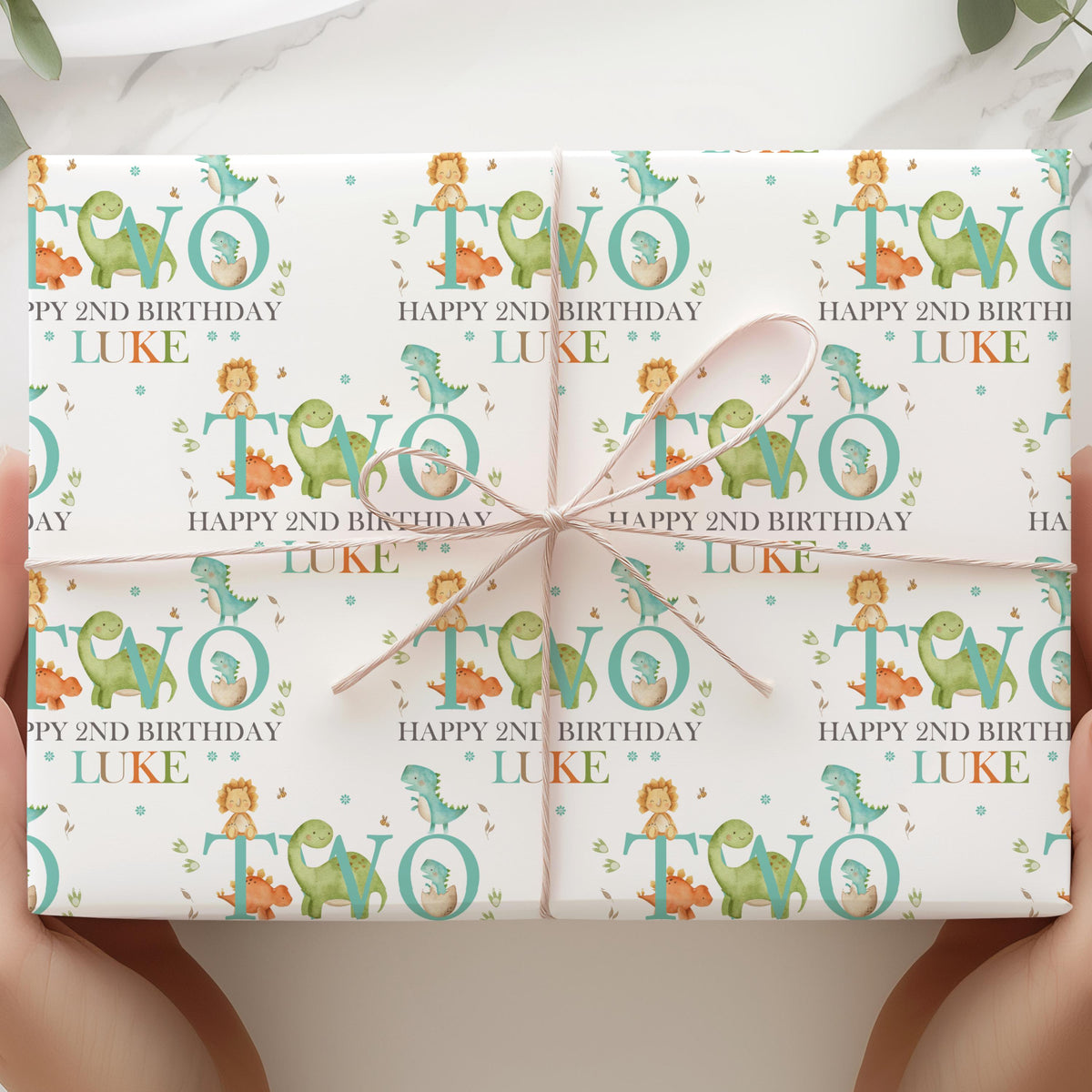 Kids green dinosaur 2nd birthday wrapping paper