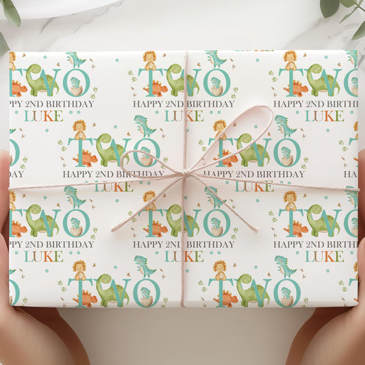 Kids green dinosaur 2nd birthday wrapping paper