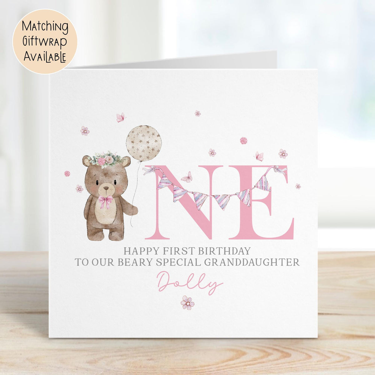 Pink Teddy ONE 1st Birthday Card for Girls – photo 2