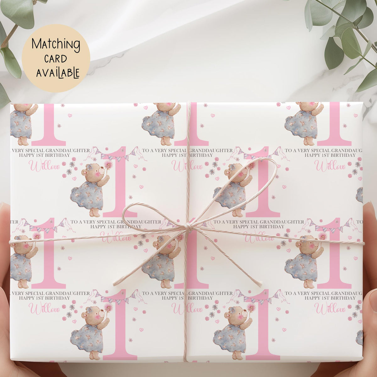 Girls teddy bear 1st birthday wrapping paper