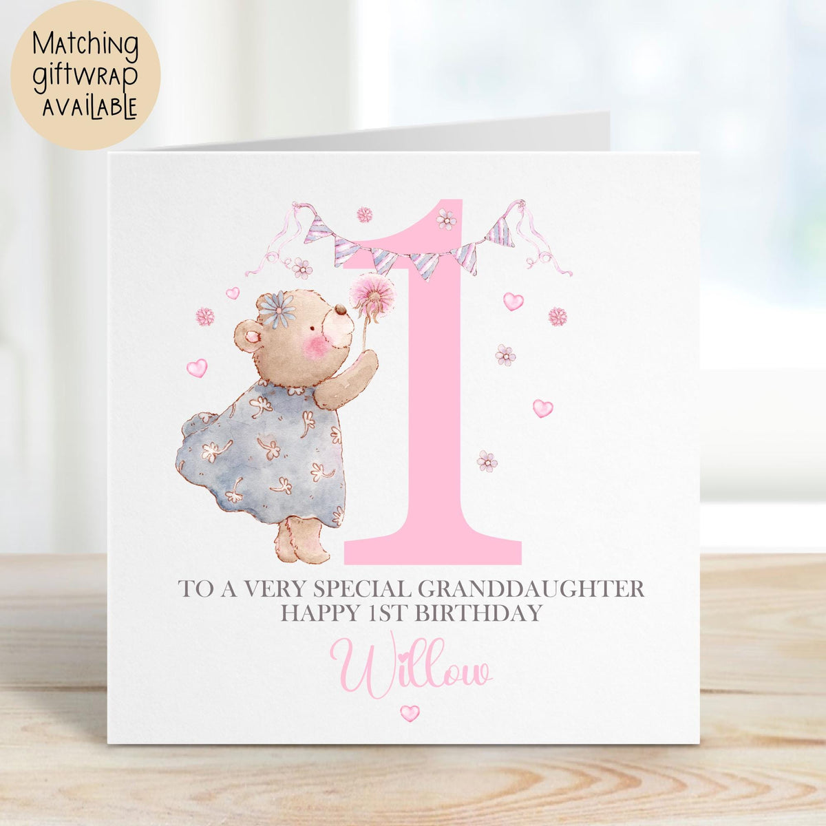Girls teddy bear 1st birthday wrapping paper