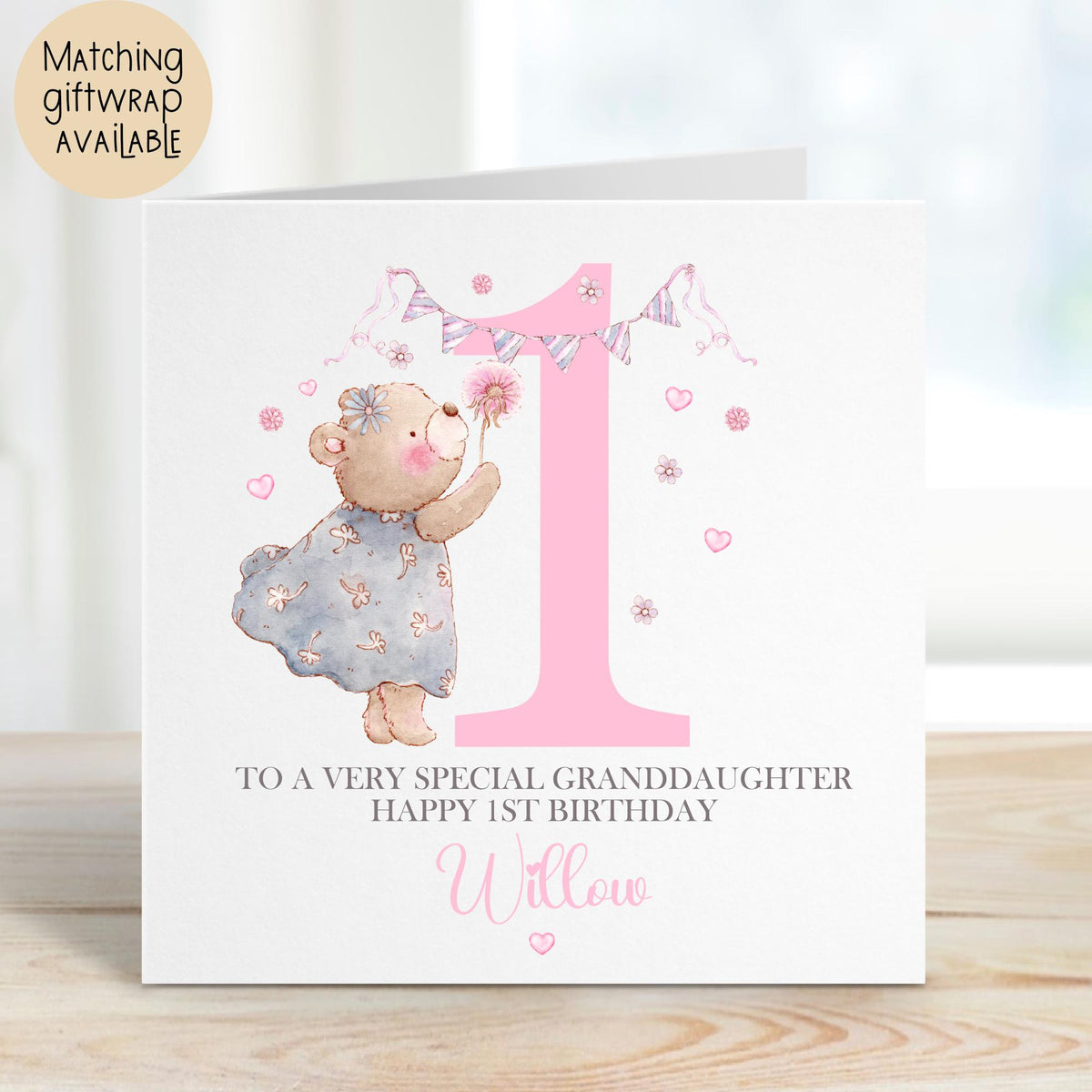 Pink Teddy Number 1 First Birthday Card for Girls – Cotton and Twigg