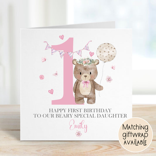Pink Teddy & Balloons Birthday Card for Girls – 1st, 2nd, 3rd – Cotton and Twigg