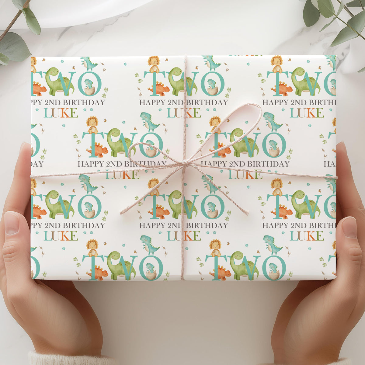 Kids green dinosaur 2nd birthday wrapping paper