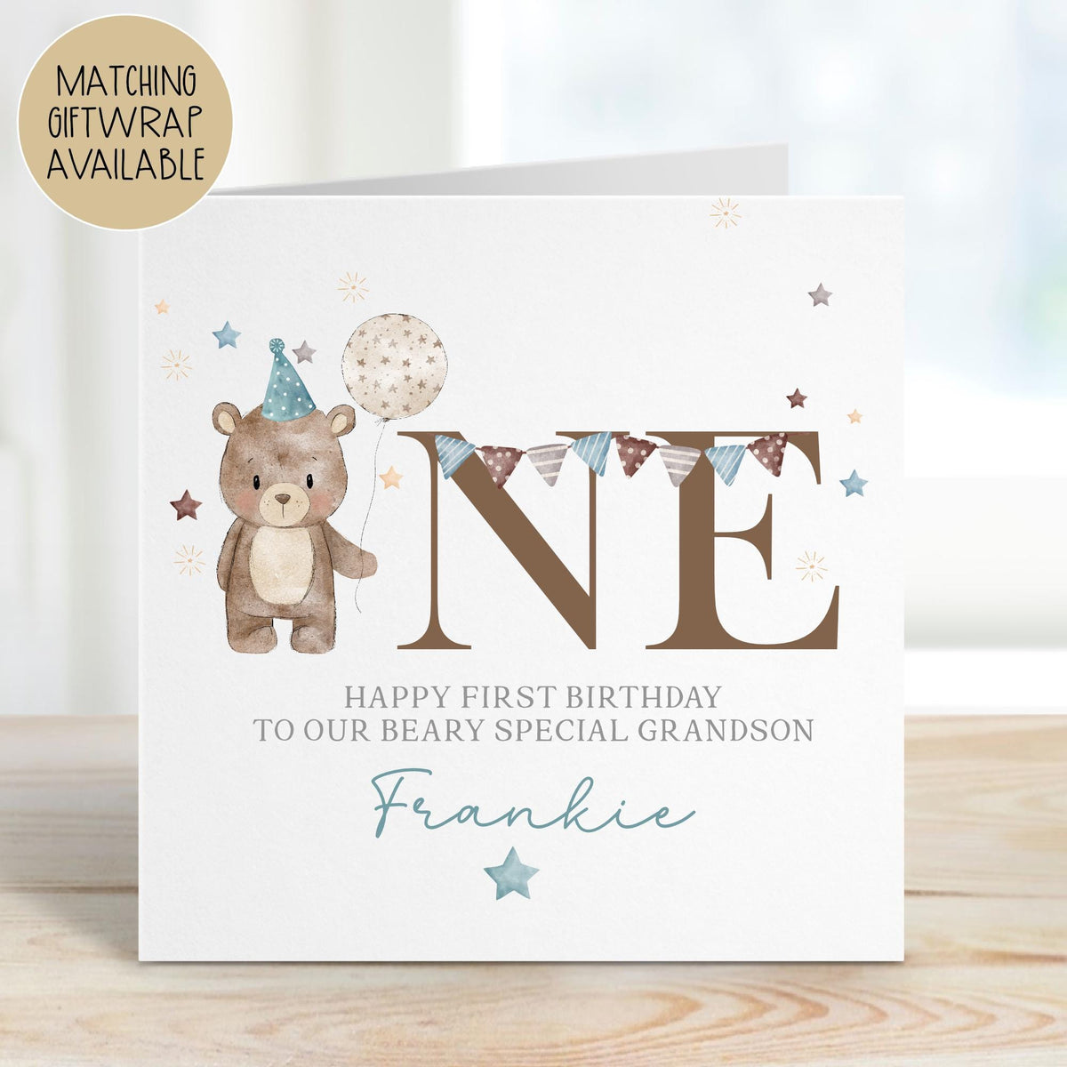 Party Teddy ONE 1st Birthday Card for Boys – Cotton and Twigg