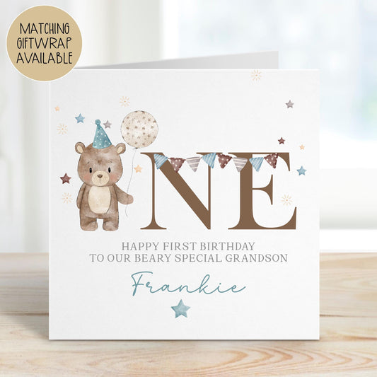 Party Teddy ONE 1st Birthday Card for Boys – Cotton and Twigg