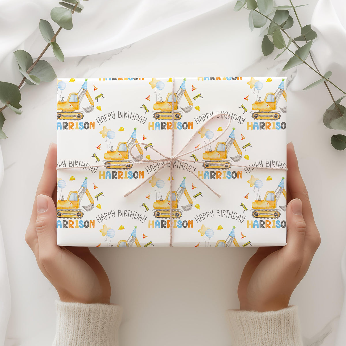 Kids yellow digger birthday wrapping paper