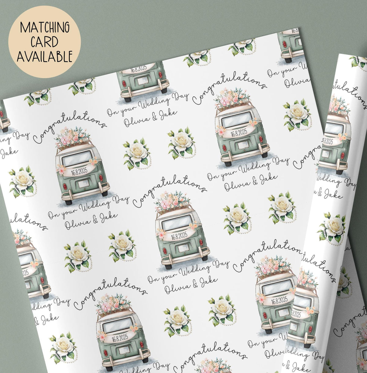 Kids green camper van wedding wrapping paper