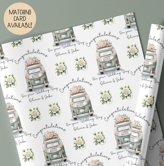 Kids green camper van wedding wrapping paper