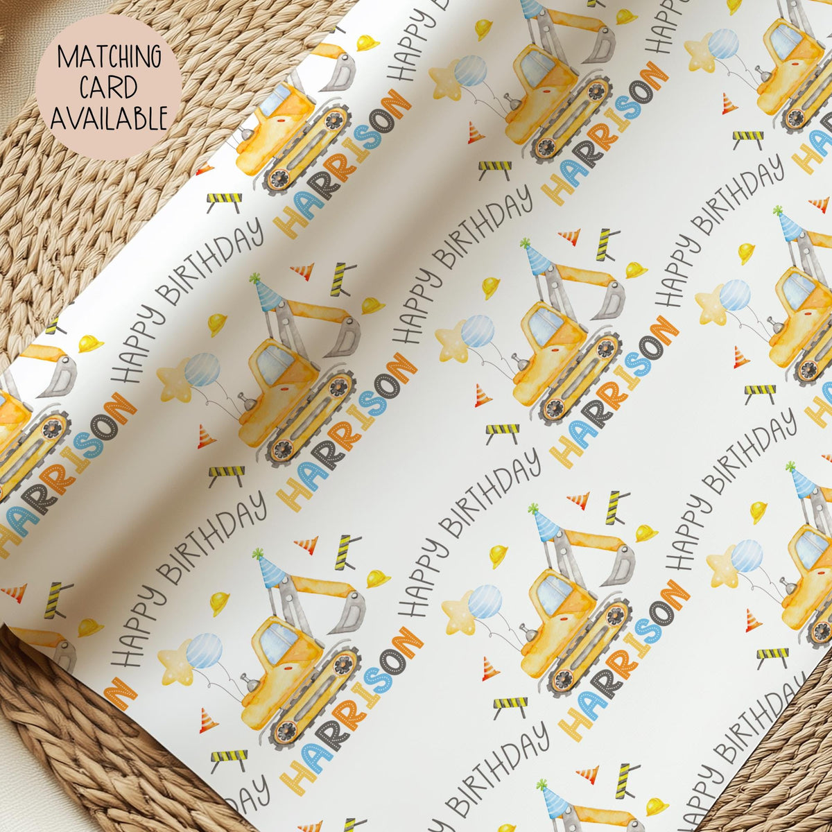 Kids yellow digger birthday wrapping paper