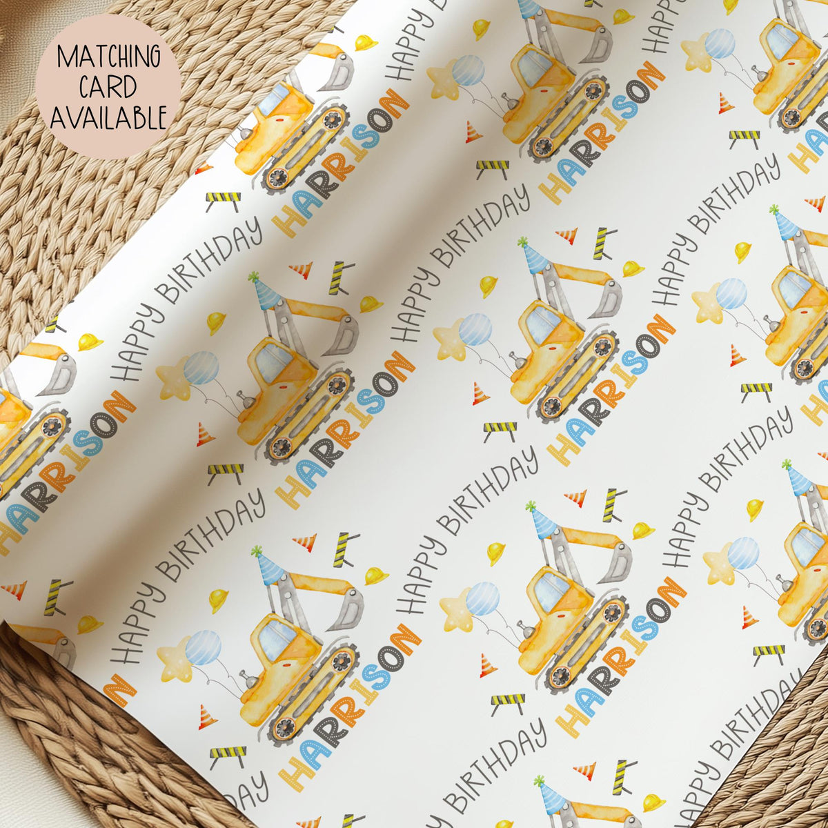 Kids yellow digger 1st birthday wrapping paper