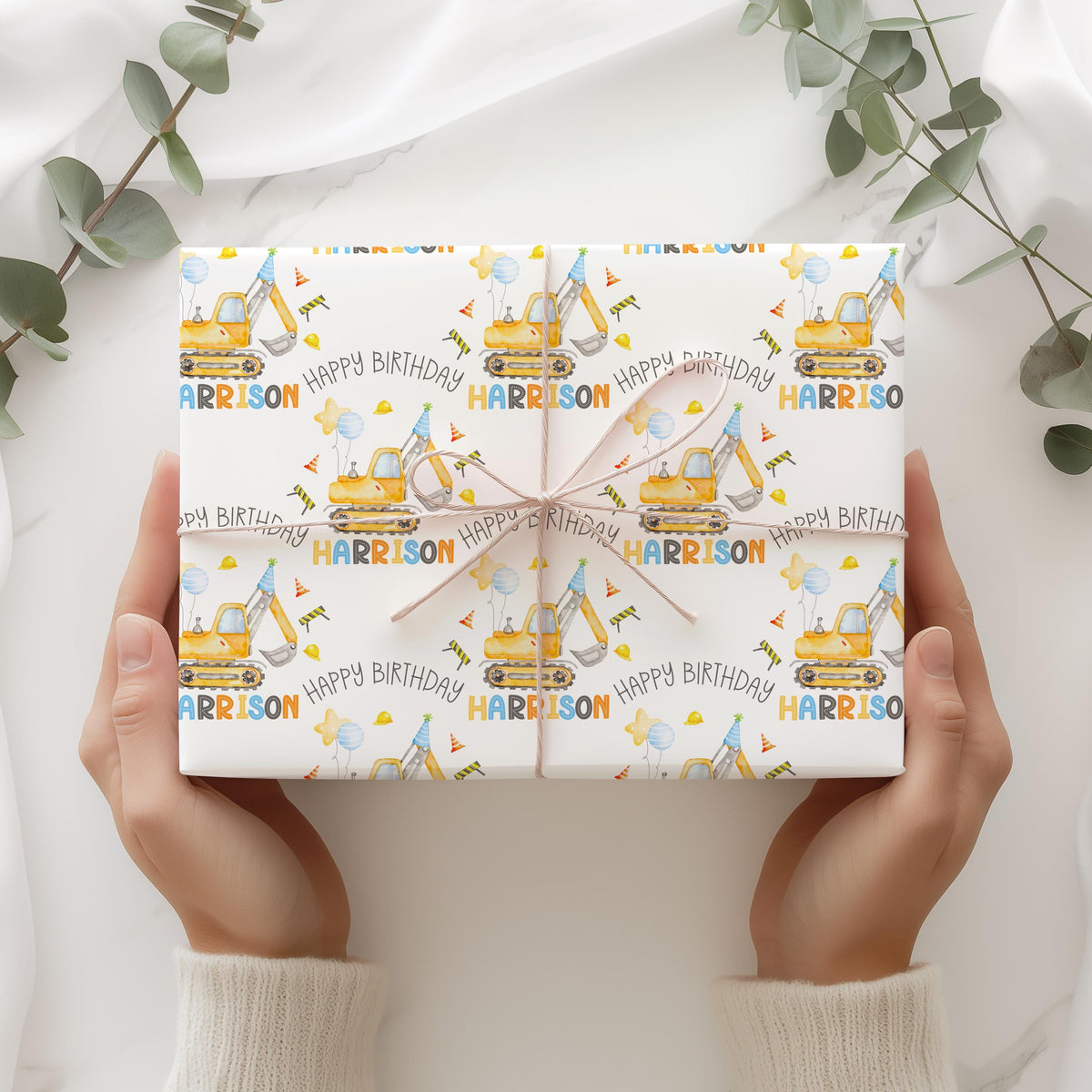 Kids yellow digger birthday wrapping paper