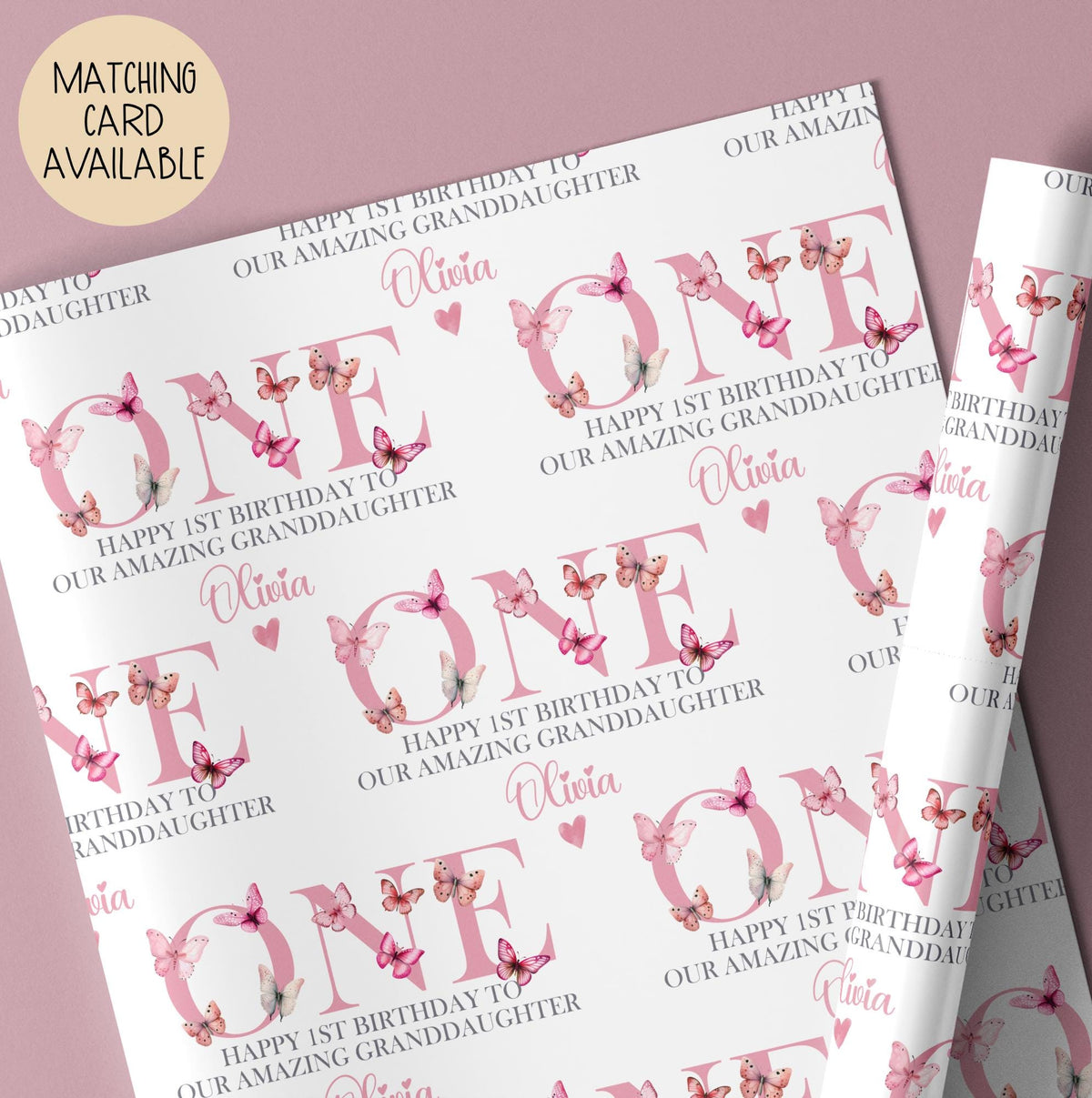 Girls pink butterfly 1st birthday wrapping paper