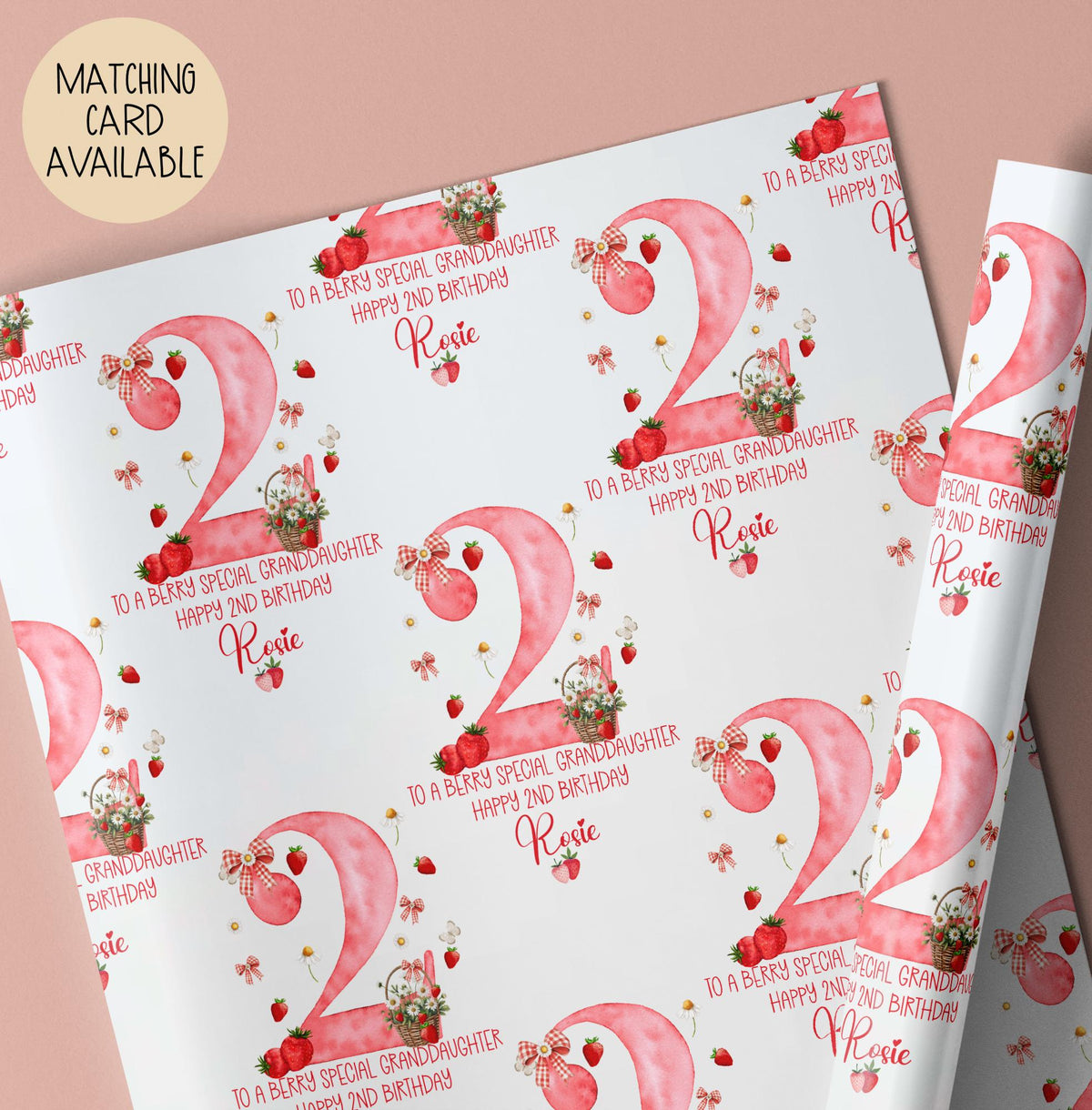 Girls strawberry 2nd birthday wrapping paper