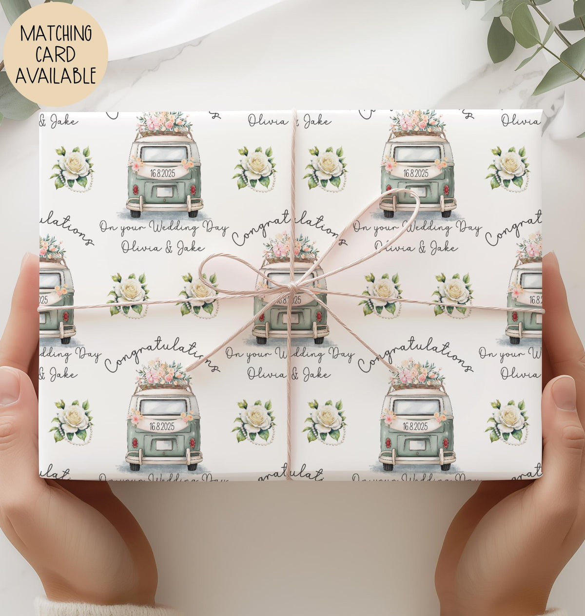 Kids green camper van wedding wrapping paper