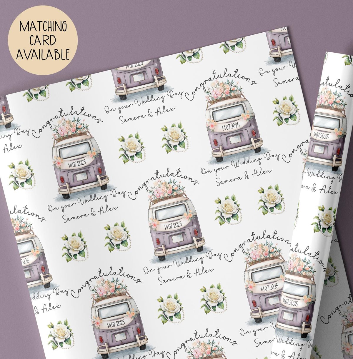 Kids lilac camper van wedding wrapping paper