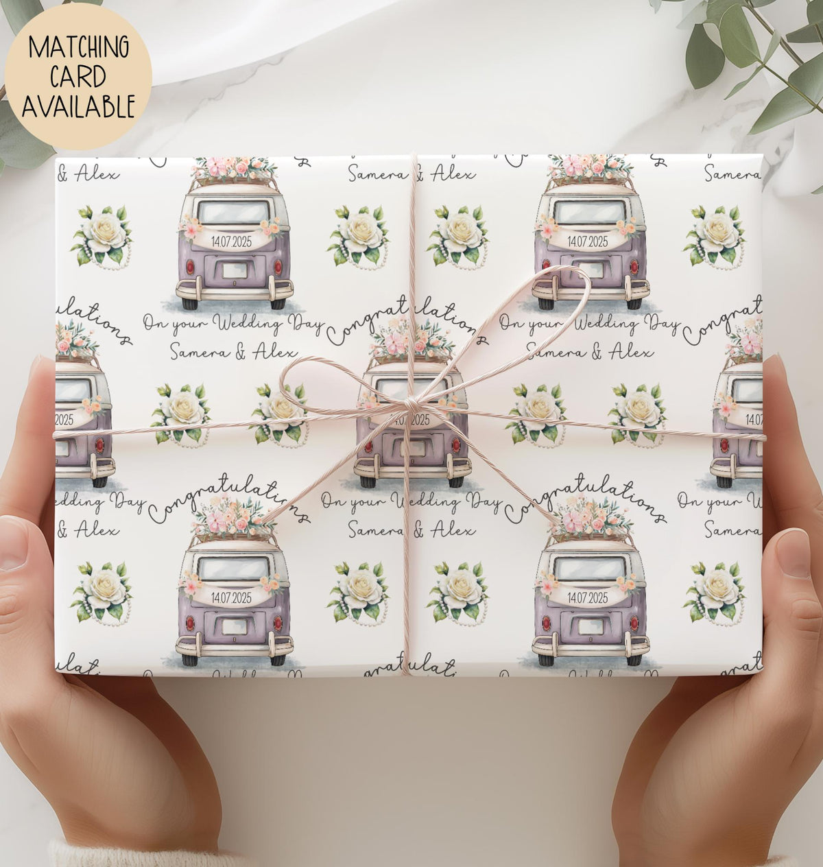 Kids lilac camper van wedding wrapping paper