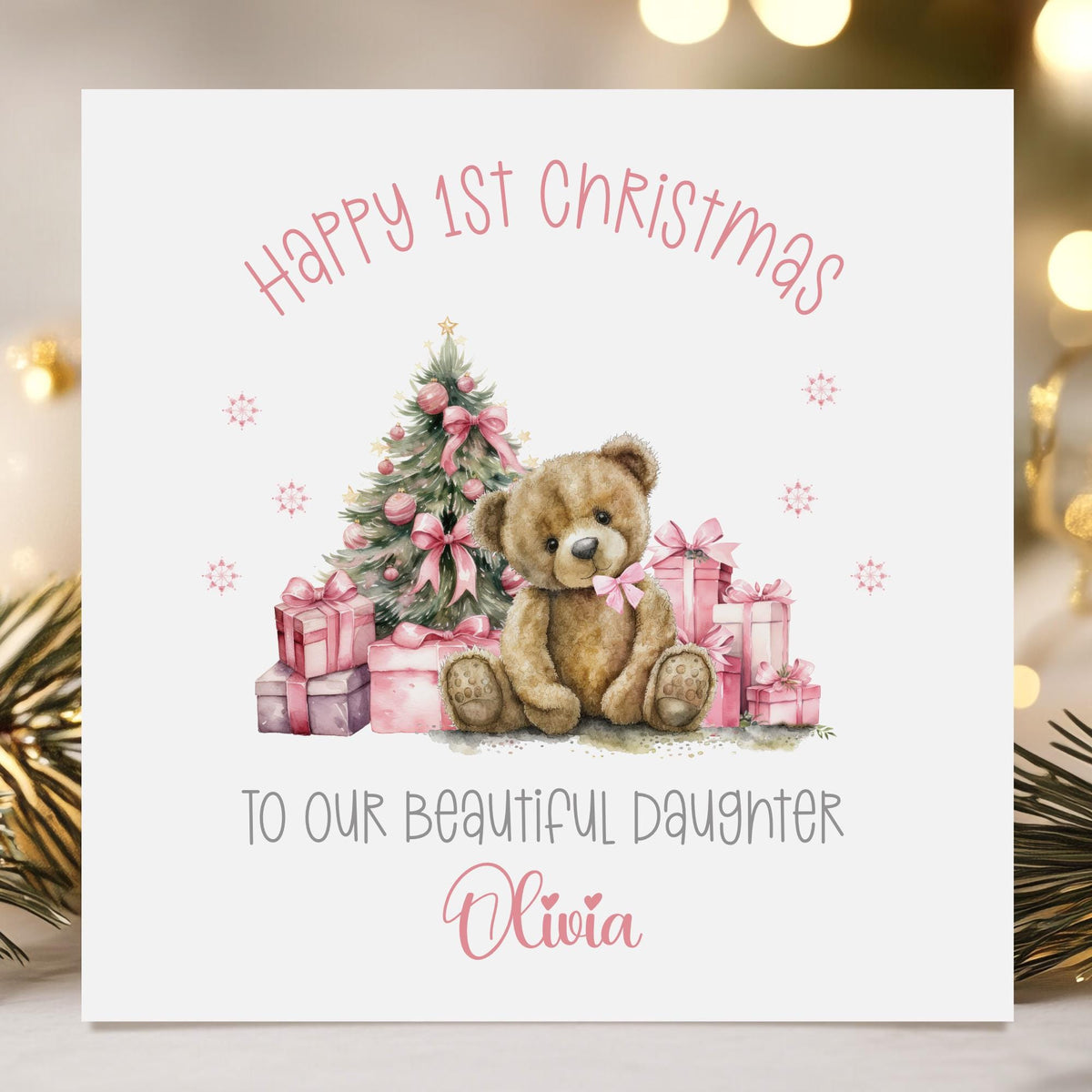Pink Teddy & Presents Baby's First Christmas Card for Baby Girl – photo 2