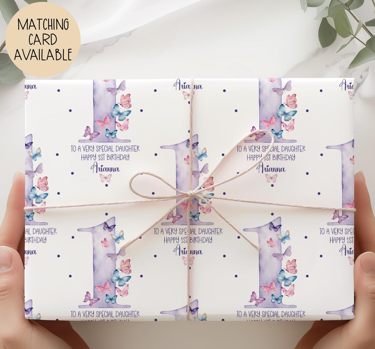 Girls purple butterfly 1st birthday wrapping paper