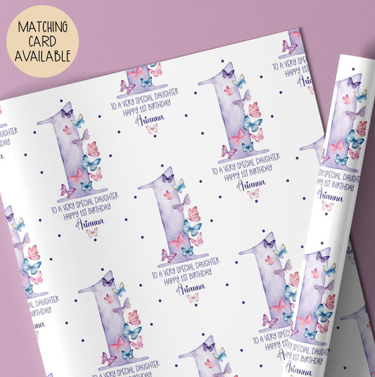 Girls purple butterfly 1st birthday wrapping paper