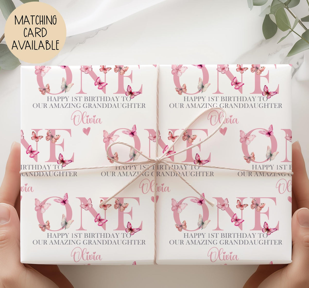 Girls pink butterfly 1st birthday wrapping paper