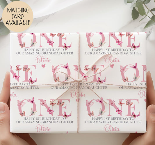 Girls pink butterfly 1st birthday wrapping paper
