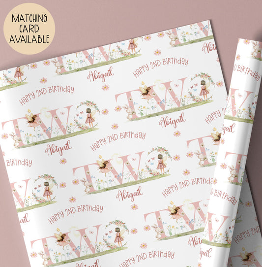 Girls pink fairy 2nd birthday wrapping paper