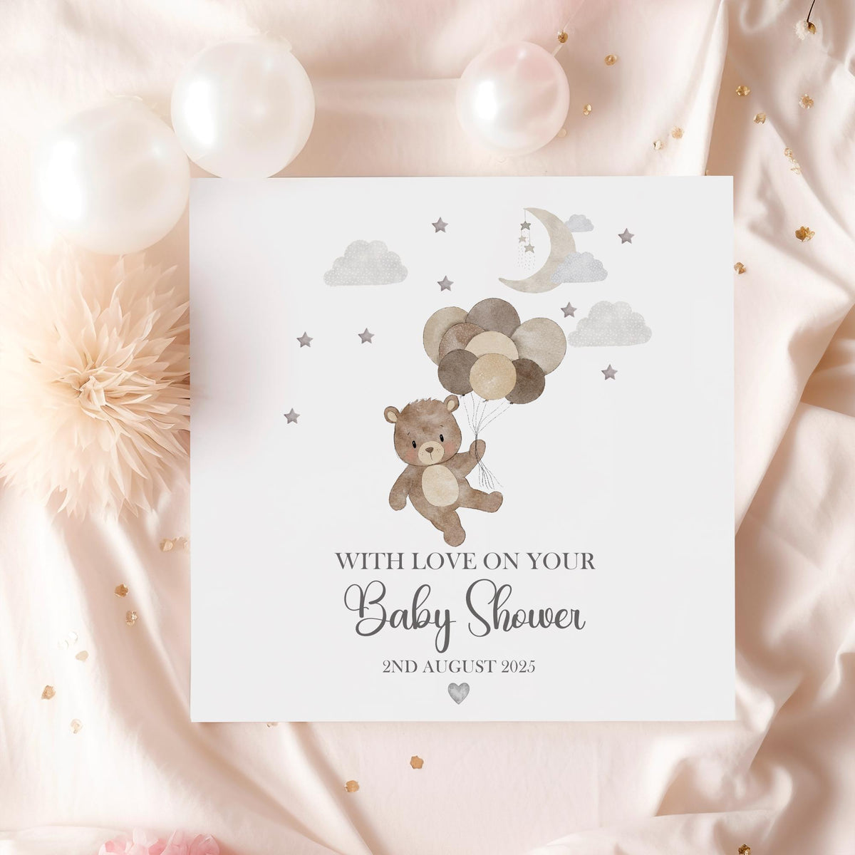 Neutral Teddy & Balloons Baby Shower Card – photo 2
